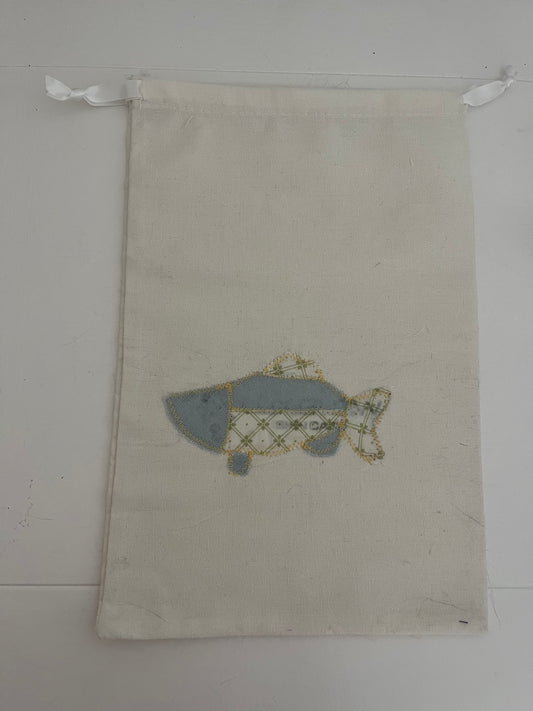 blue fish drawstring bag