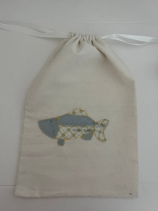 blue fish drawstring bag