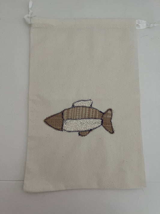 brown fish drawstring bag