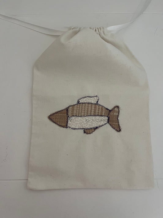 brown fish drawstring bag